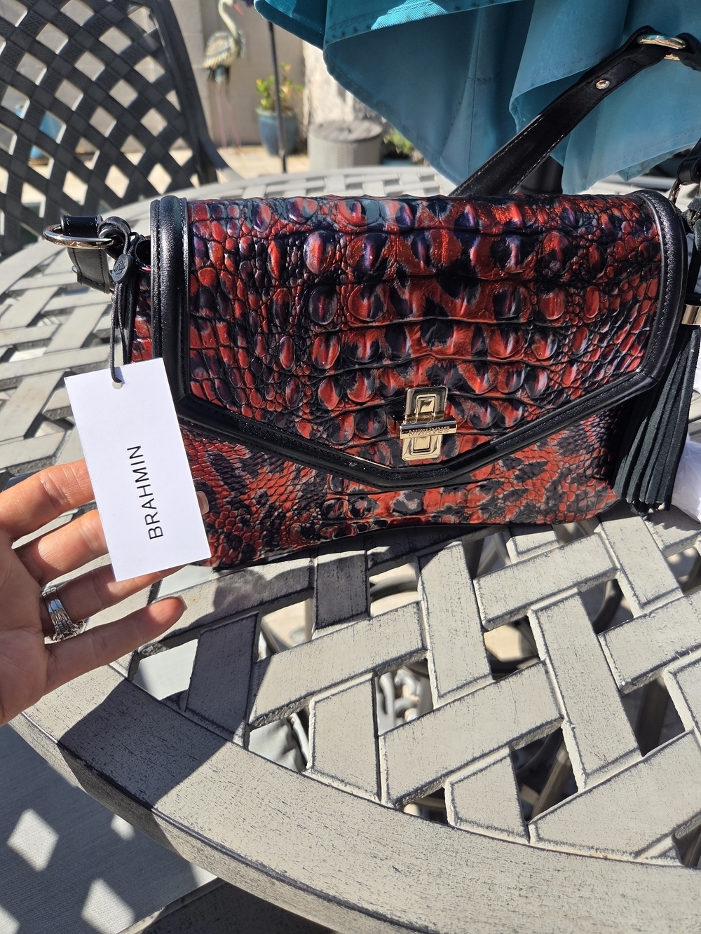 Brahmin NERIDA limited Edition Red And Black Croc-Embossed Shoulder Bag. - Picture 7 of 12